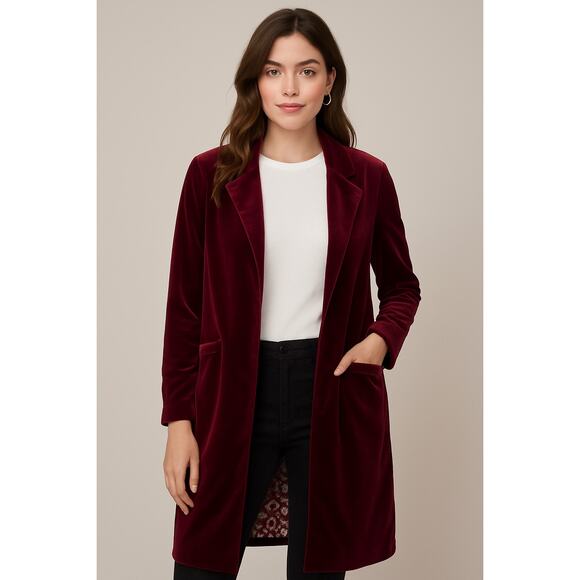 Skies Are Blue Burgundy Wine Velvet Long Blazer Open Jacket Medium Soft Stretchy - Picture 1 of 7